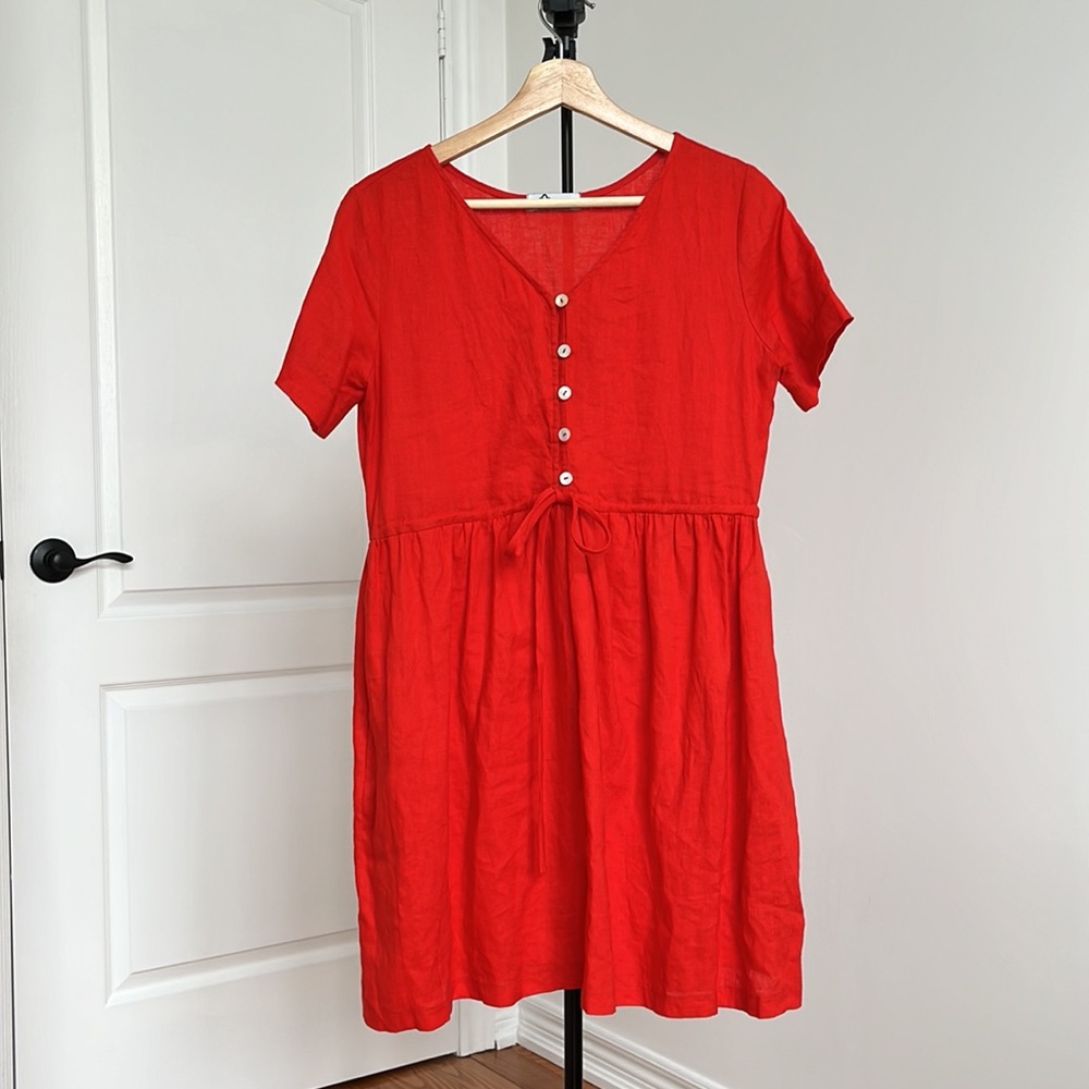 100% linen handmade red button front short sleeve cinch waist mini dress XS - Picture 4 of 9